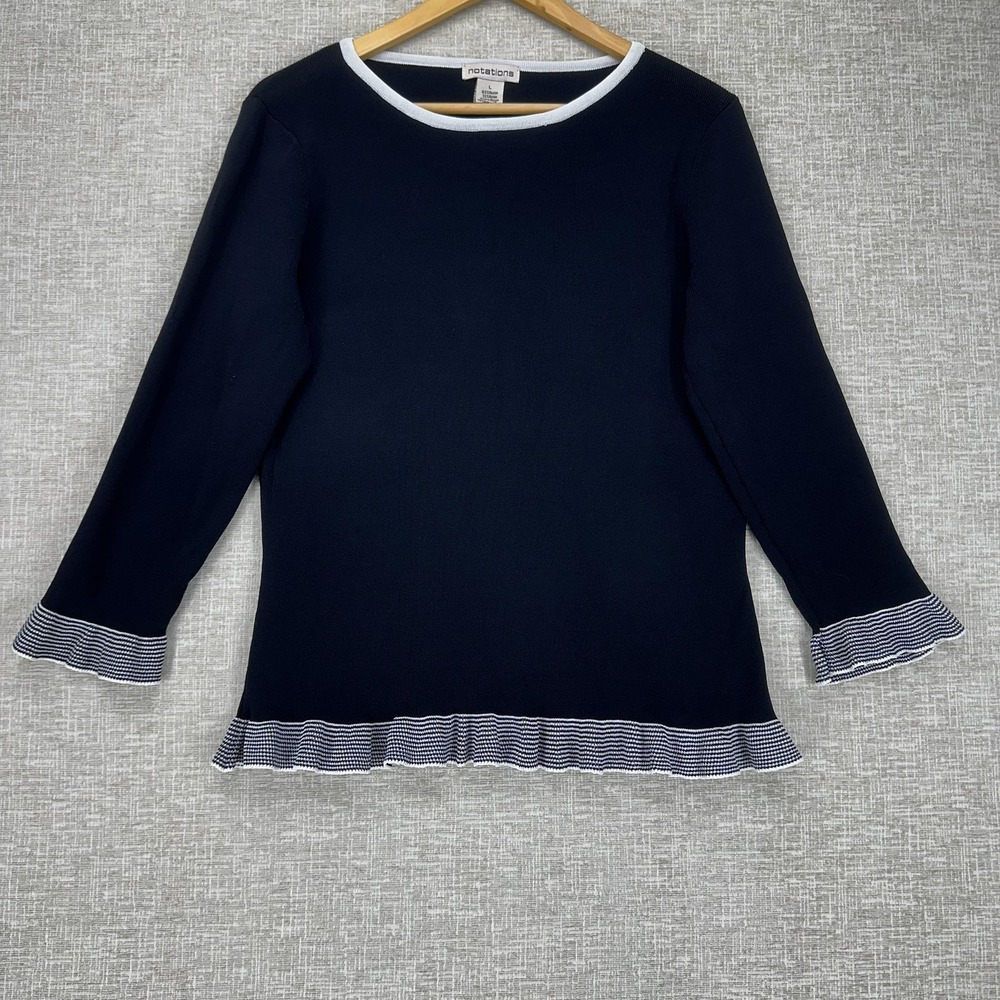 Notations‎ Top Womens Large Black Stripe Ruffle Hem 3/4 Sleeve Knit